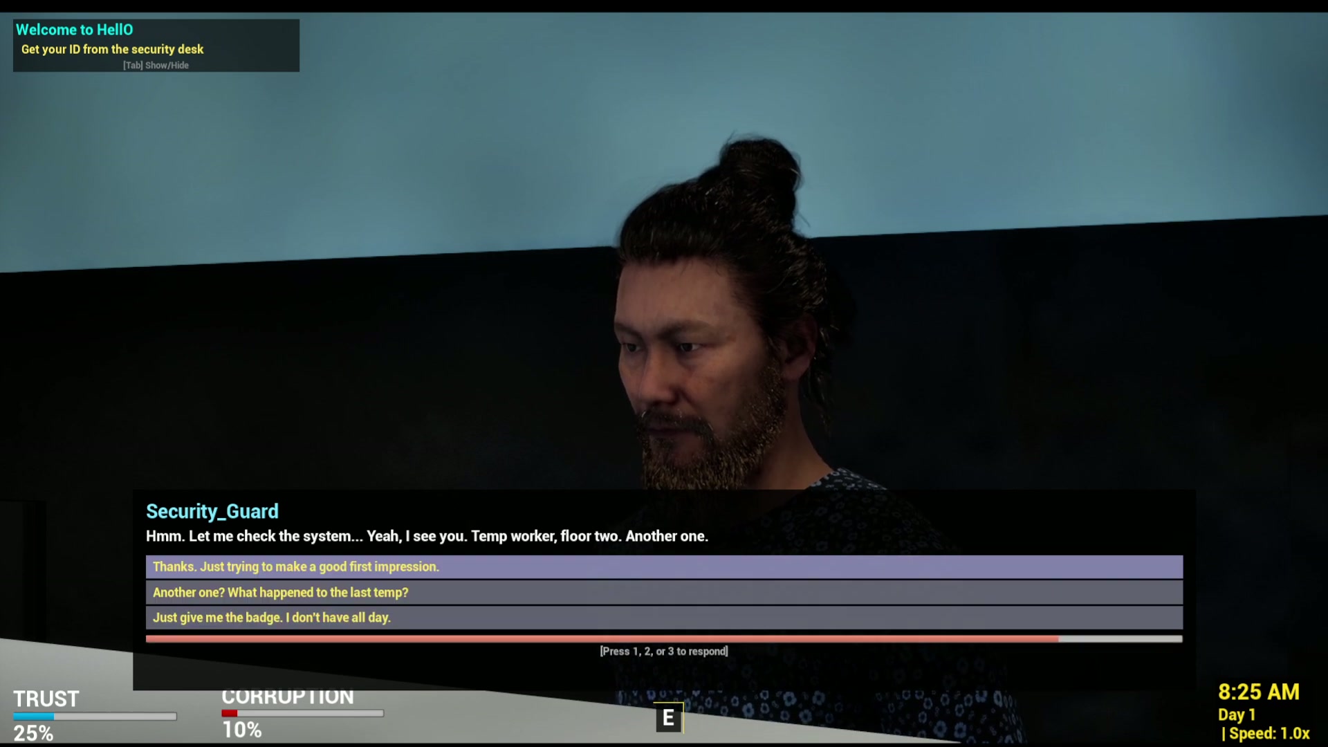 HellO branching dialogue UI with TRUST and CORRUPTION meters